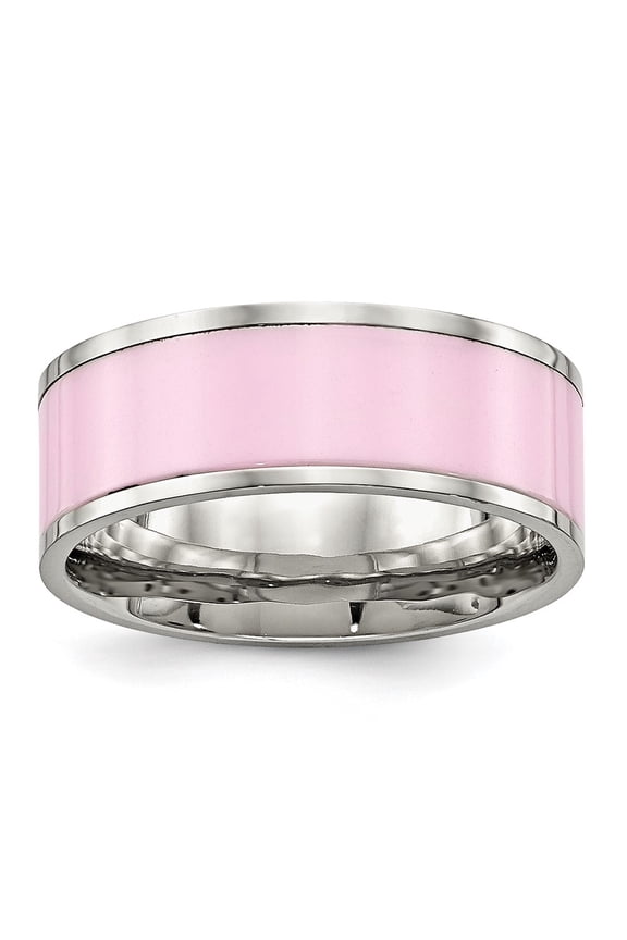 Stainless Steel Polished Pink Ceramic Ring