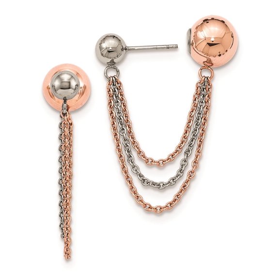 Finest Gold Stainless Steel Polished & Pink IP-Plated Ball Reversible Post Dangles Earrings