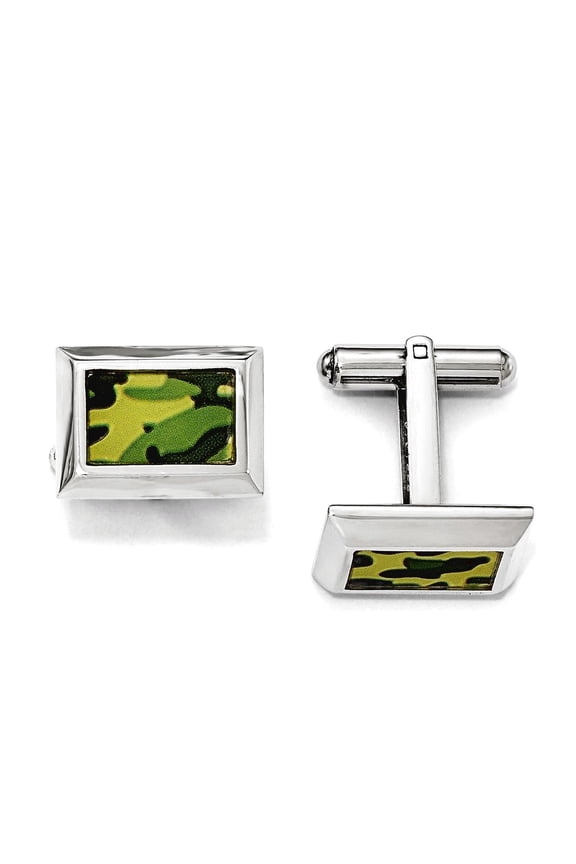 Stainless Steel Polished Printed Green Camo Under Rubber Cuff Links Cuff Link for Men