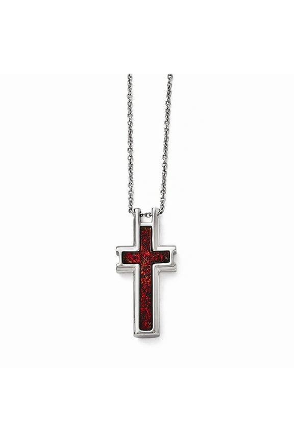 Stainless Steel Polished Red Black Enameled Cross Necklace - 18 Inch