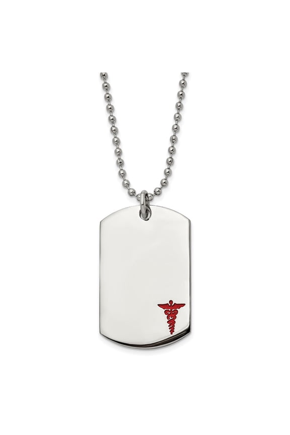 Stainless Steel Polished with Red Enamel Medical ID Dog Tag on a 24 inch Ball Chain Necklace