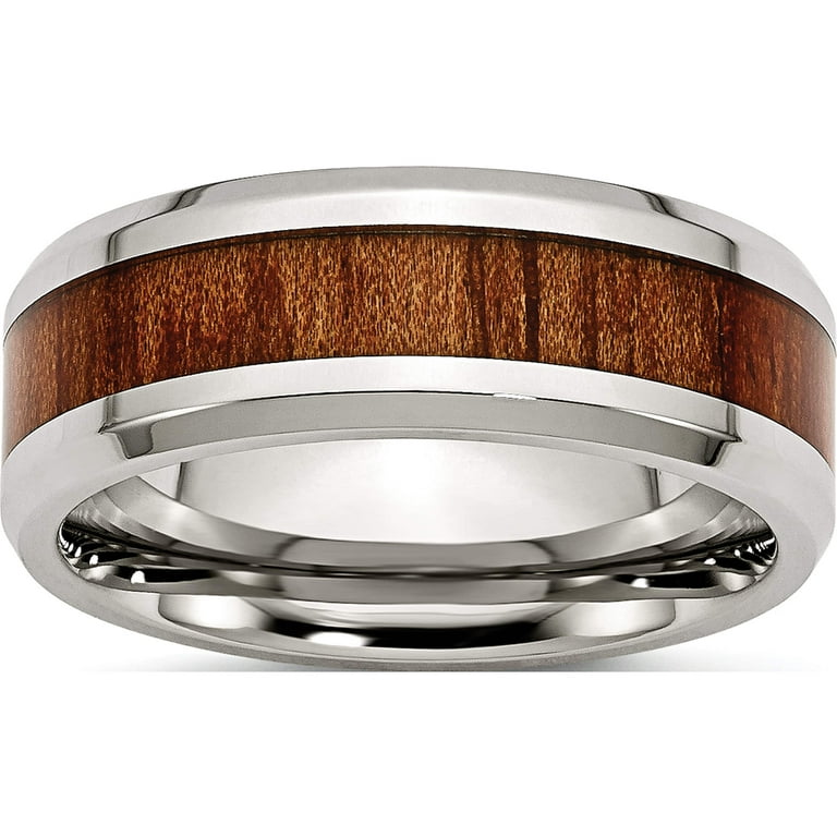 Stainless Steel Polished Brown Koa Wood Inlay Enameled 8mm Band Stainless Steel Polished Brown Koa Wood Inlay Enameled 8mm Band