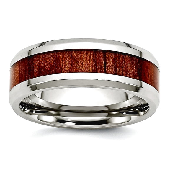Stainless Steel Polished Red Orange Wood Enameled 7.80mm Ring Size 11.5 Ring for Women