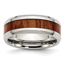 Stainless Steel Polished Red Orange Wood Enameled 7.80mm Ring - Size 12
