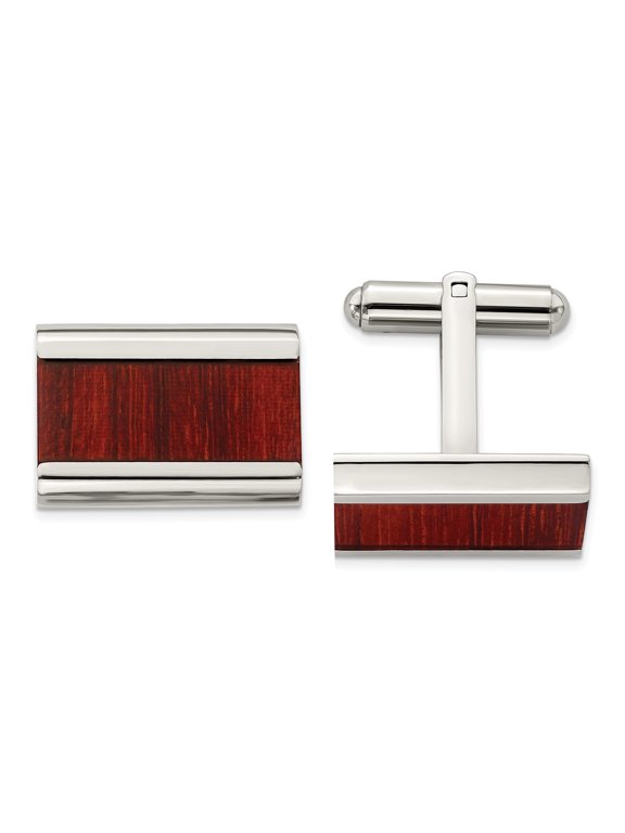 Stainless Steel Polished Red/Orange Wood Inlay Cuff Links