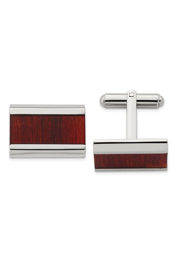 Stainless Steel Polished Red Wood Inlay Cuff Links