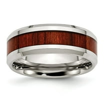 Stainless Steel Polished Red Wood Inlay Enameled 7.80mm Ring - Size 13