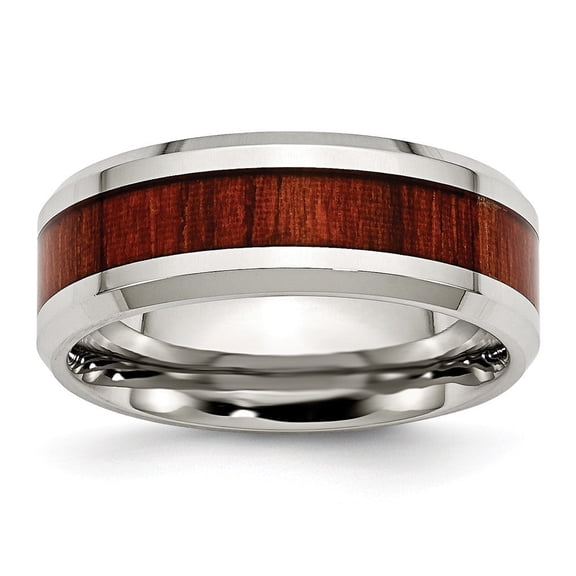 Stainless Steel Polished Red Wood Inlay Enameled 7.80mm Ring - Size 13