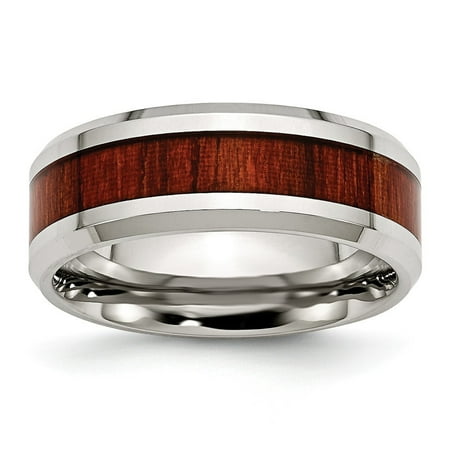 Stainless Steel Polished Red Wood Inlay Enameled 7.80mm Ring - Size 8.5