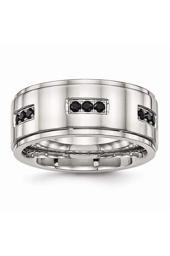 Stainless Steel Polished Ridged Edged Black CZ Ring