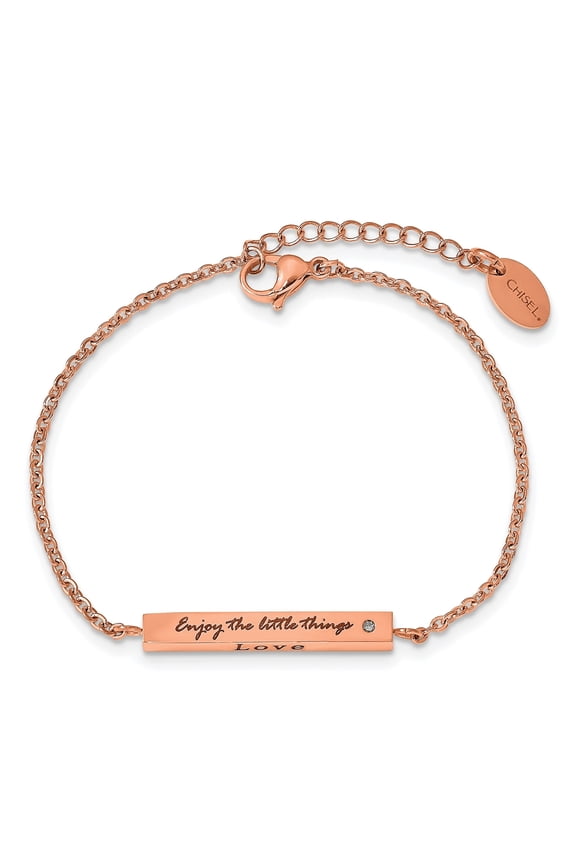 Stainless Steel Polished Rose IP-plated with CZ LOVE DREAM LAUGH Enjoy the little things 7 inch Bracelet with 1.5 inch Extension