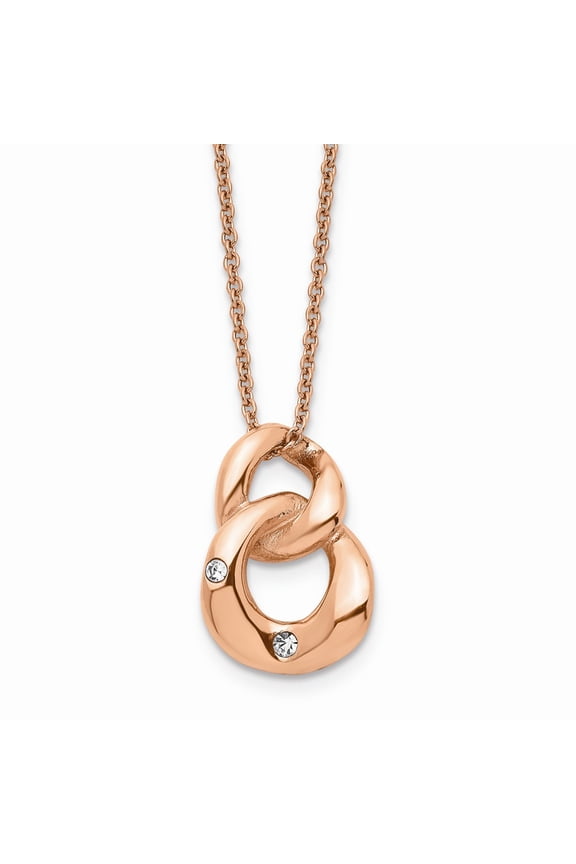 Stainless Steel Polished Rose IP Plated Two Loop Crystal Necklace; 18 inch; for Adults and Teens; for Women and Men