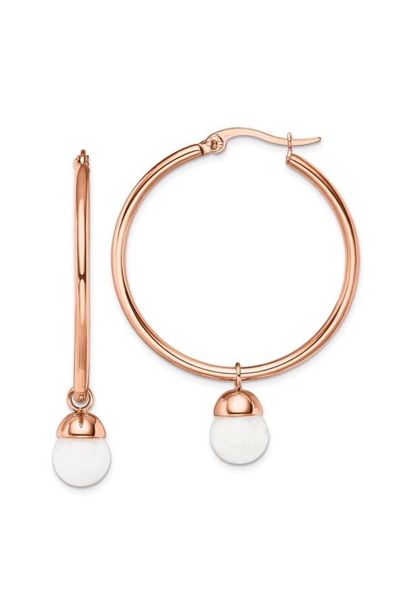 Stainless Steel Polished Rose IP-plated White Jade Hoop Earrings; for Adults and Teens; for Women and Men