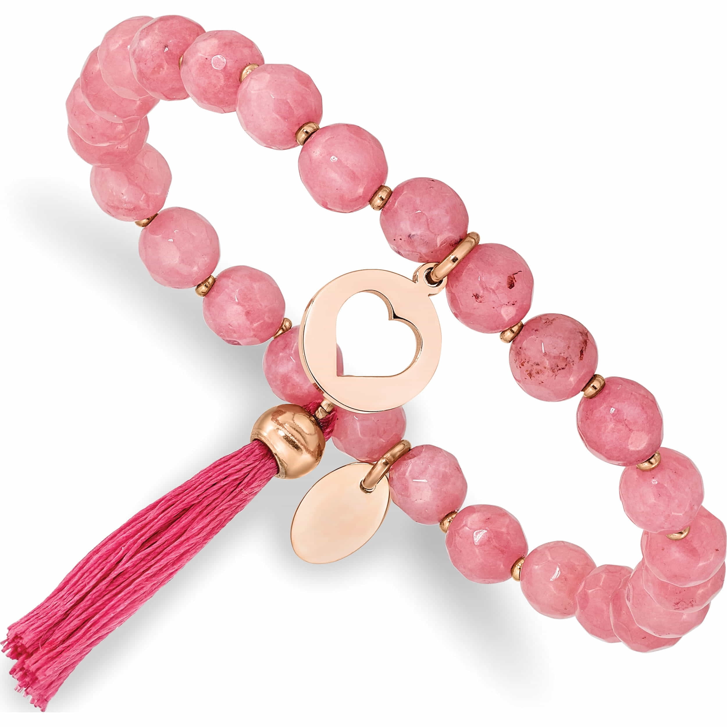 Stainless Steel Polished Rose Ip Heart With Tassel Pink Jade Beaded Bracelet Made In China -Jewelry By Sweet Pea