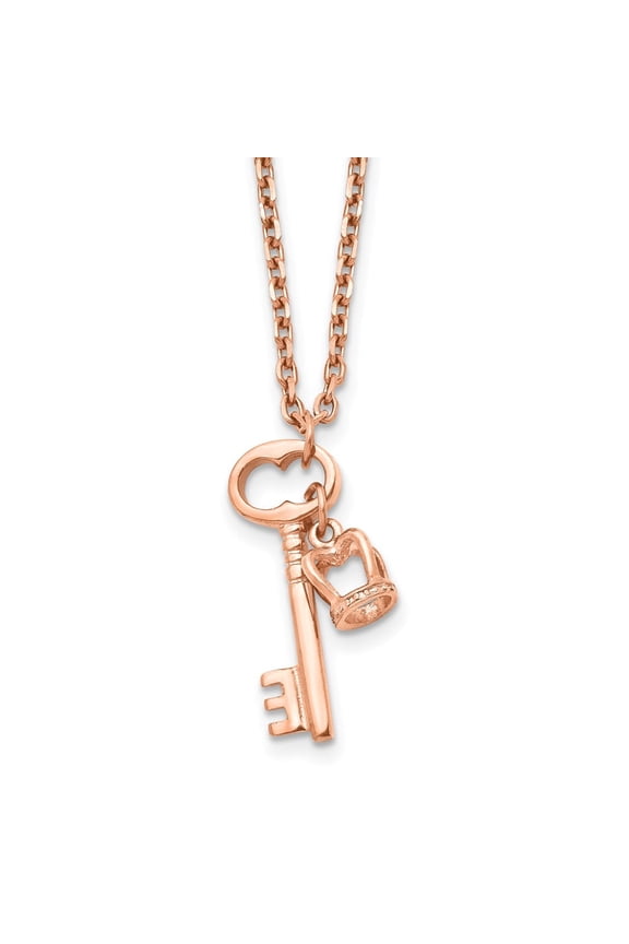 Finest Gold Stainless Steel Polished Rose IP Key & Crown 15.5 in. with 2 in. Extension Necklace