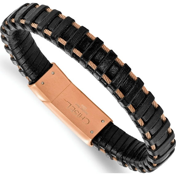 Stainless Steel Polished Rose Ip-Plated Cable And Black Leather Bracelet (8.5 X 11.5) Made In China srb2254-8.5