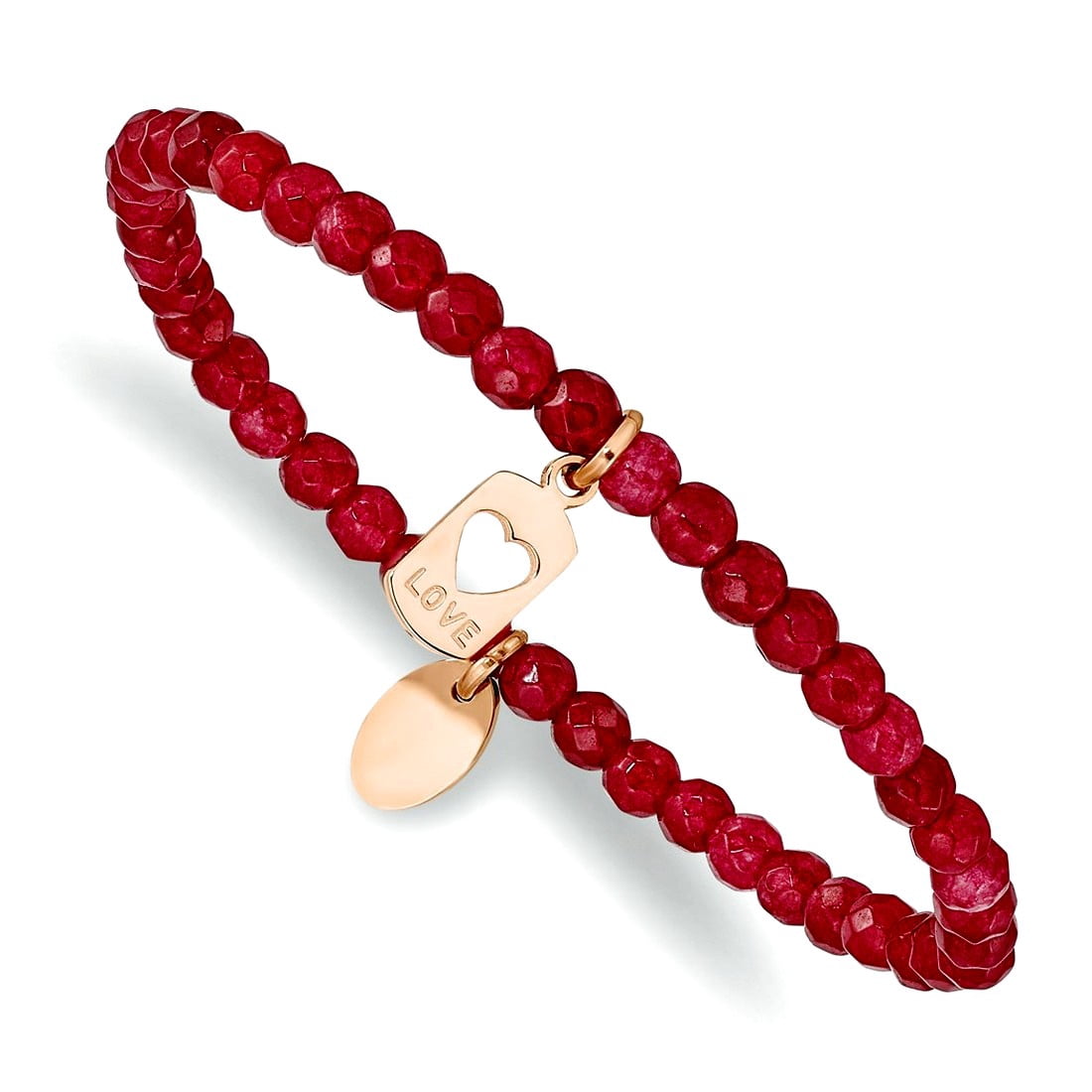 Stainless Steel Polished Rose Ip Plated Love 4mm Red Dyed Jade Beaded Stretch Bracelet Stretch Bracelet for Women