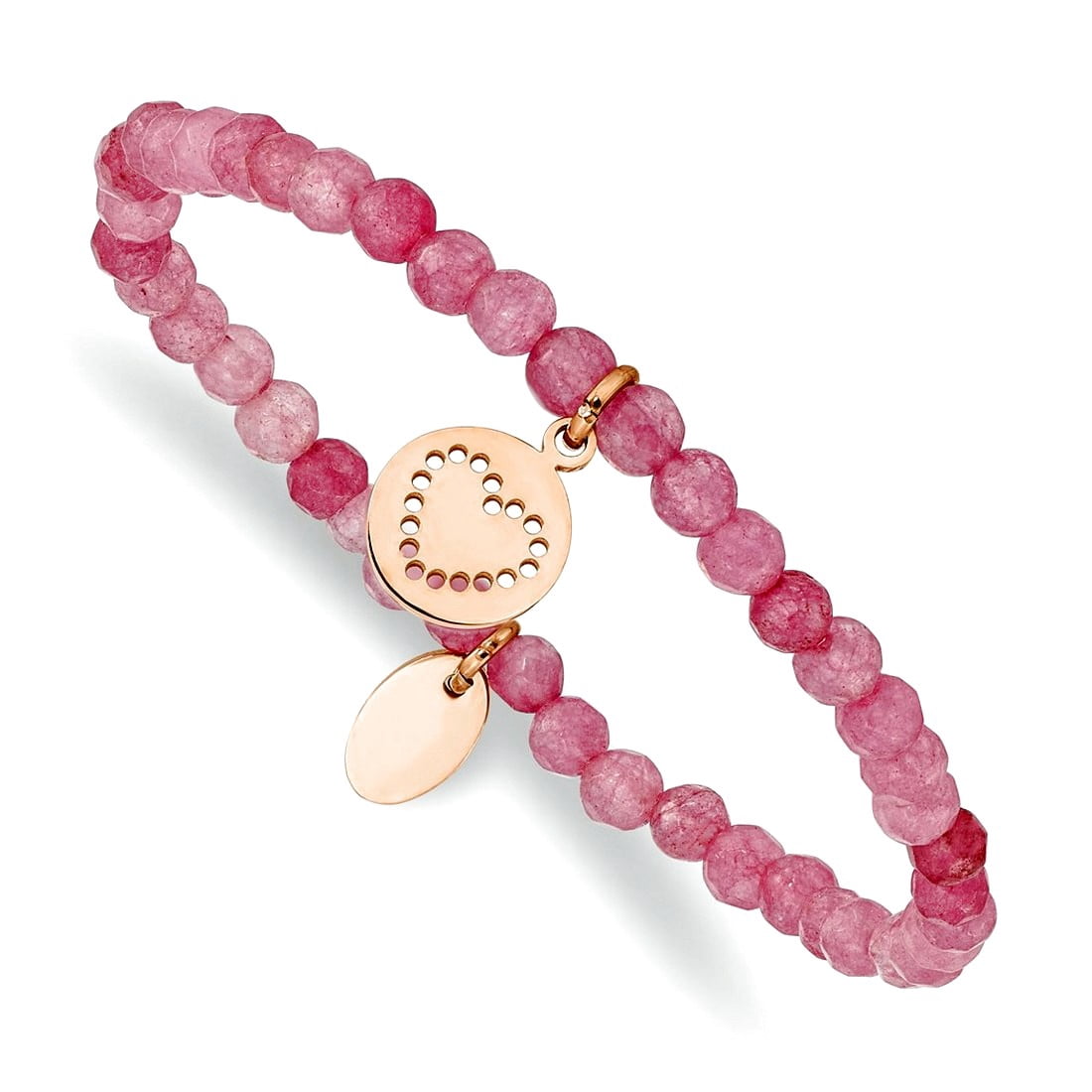 Stainless Steel Polished Rose Ip Plated Love Heart 4mm Pink Dyed Jade Beaded Stretch Bracelet Stretch Bracelet for Women