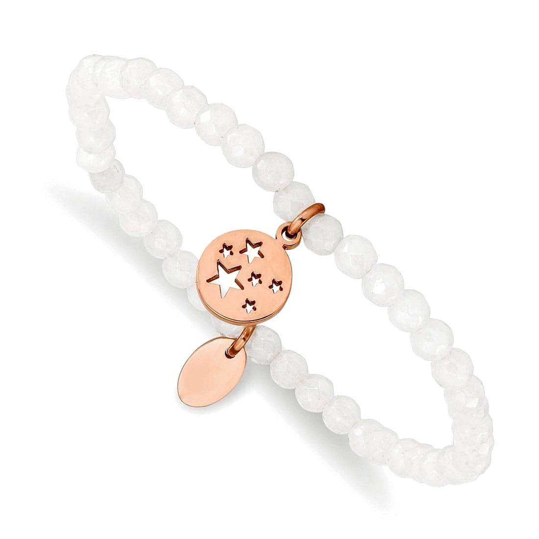 Stainless Steel Polished Rose Ip Plated Stars 4mm White Dyed Jade Beaded Stretch Bracelet Stretch Bracelet for Women
