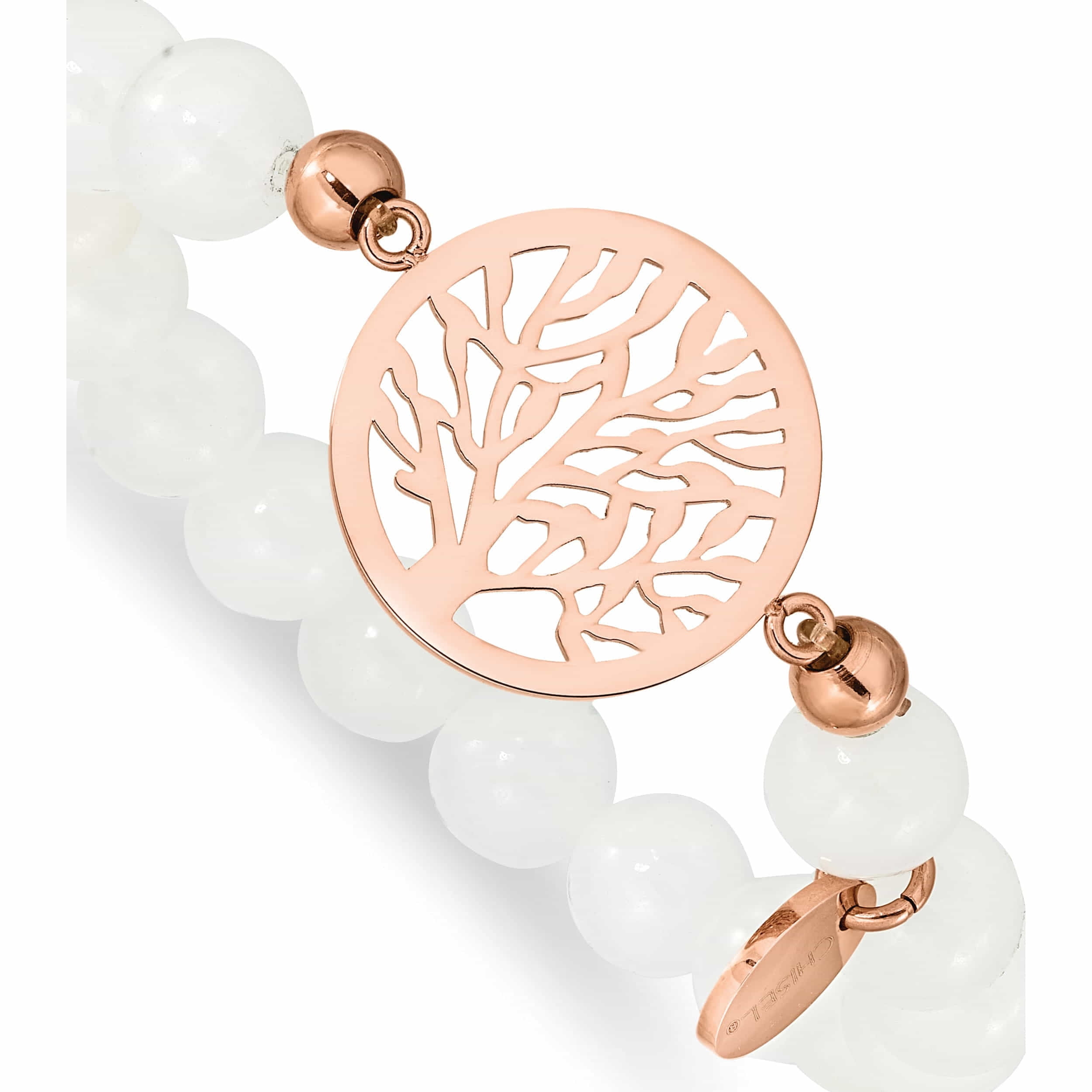 Stainless Steel Polished Rose Ip-Plated Tree White Jade Stretch Bracelet Made In China -Jewelry By Sweet Pea