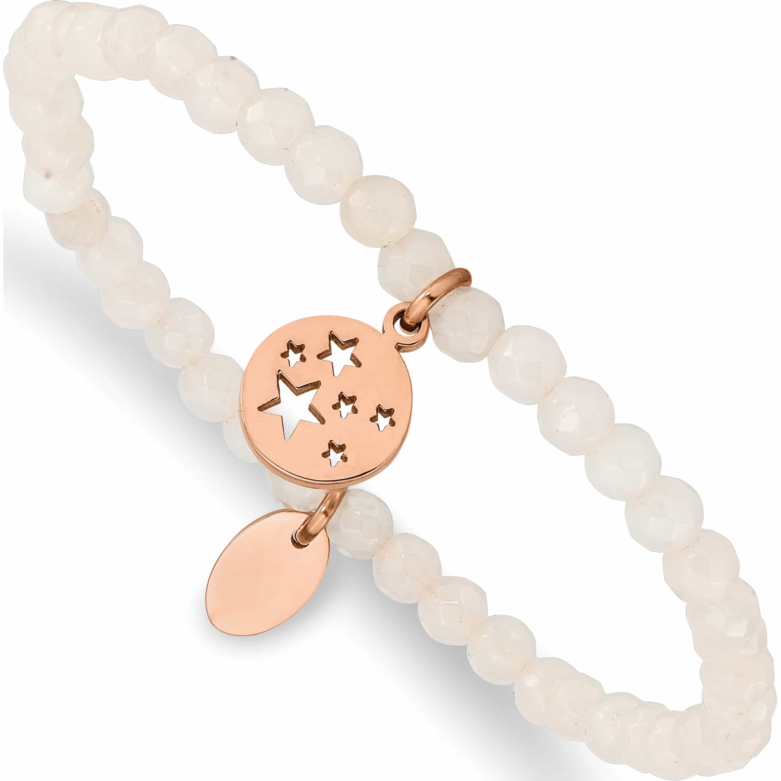 Stainless Steel Polished Rose Ip Stars White Jade Beaded Stretch Bracelet Made In China -Jewelry By Sweet Pea