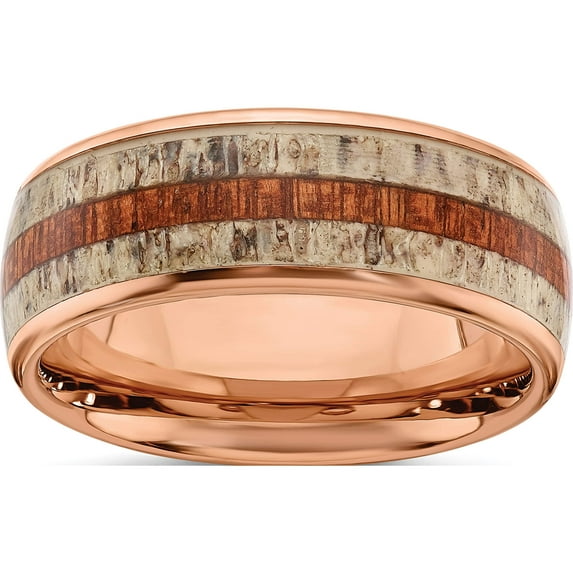 Stainless Steel Polished Rose Ip With Wood And Antler Inlay 8mm Band (Size 12.5) Made In China sr665-12.5