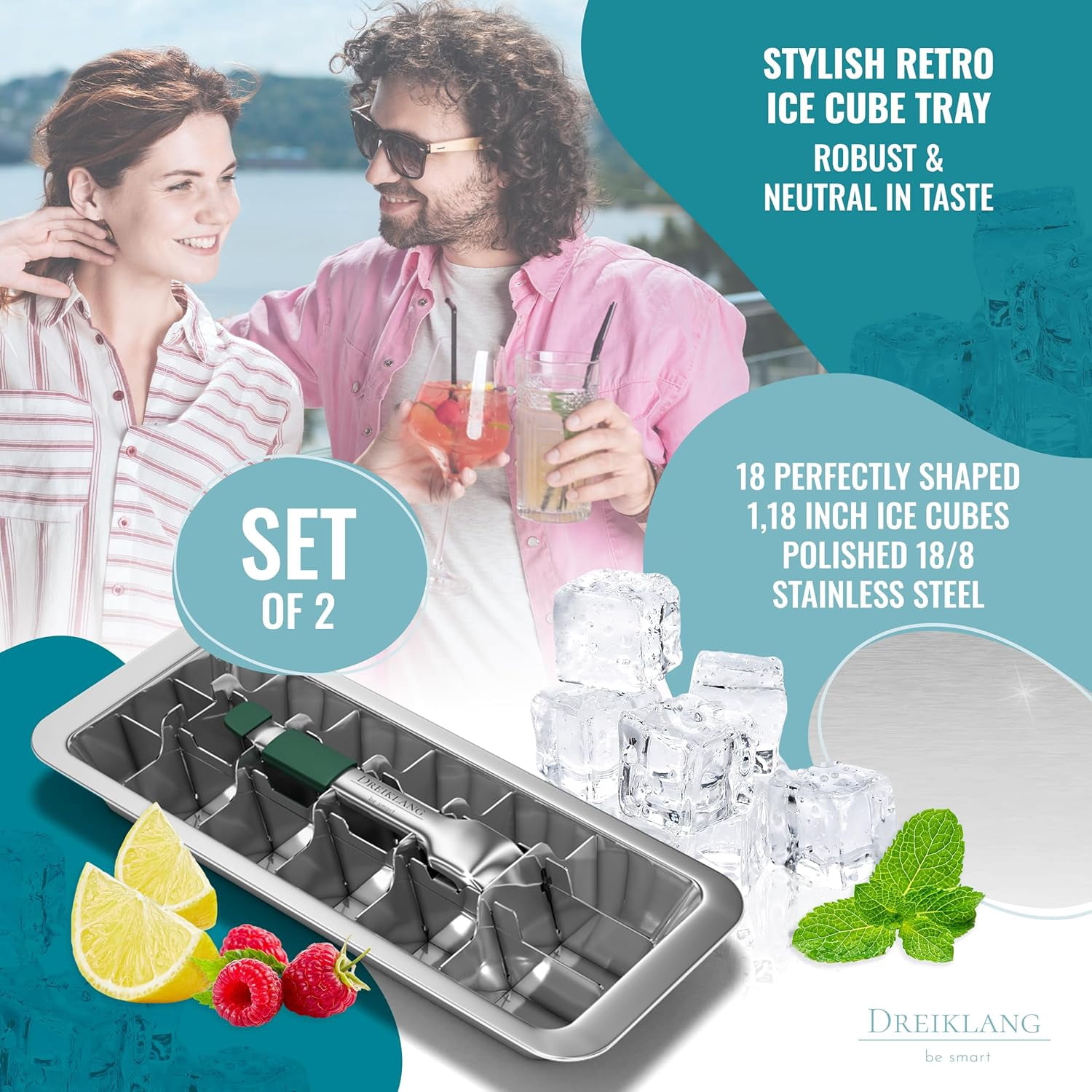 Stainless Steel Polished Set 2-Pack Ice Cube Tray for Freezer with Lever Insert | Easy Release Cold-Insulated Grip | Food-Safe  Ice Maker