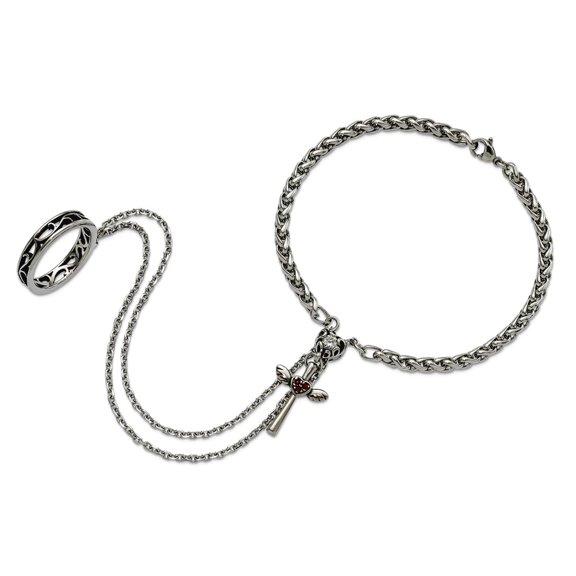 Stainless Steel Fancy Lobster Closure Oxidized Polished Crystal Connected Bracelet and Ring Size 8 Jewelry Set for Women