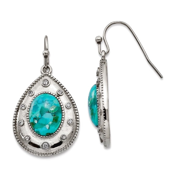 Stainless Steel Polished Simulated Turquoise and Cubic Zirconia Shepherd Hook Earrings 19 Stud Earring for Women