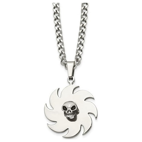 Stainless Steel Polished Skull on Saw Blade Pendant Necklace with Chain (24 inches) for Men