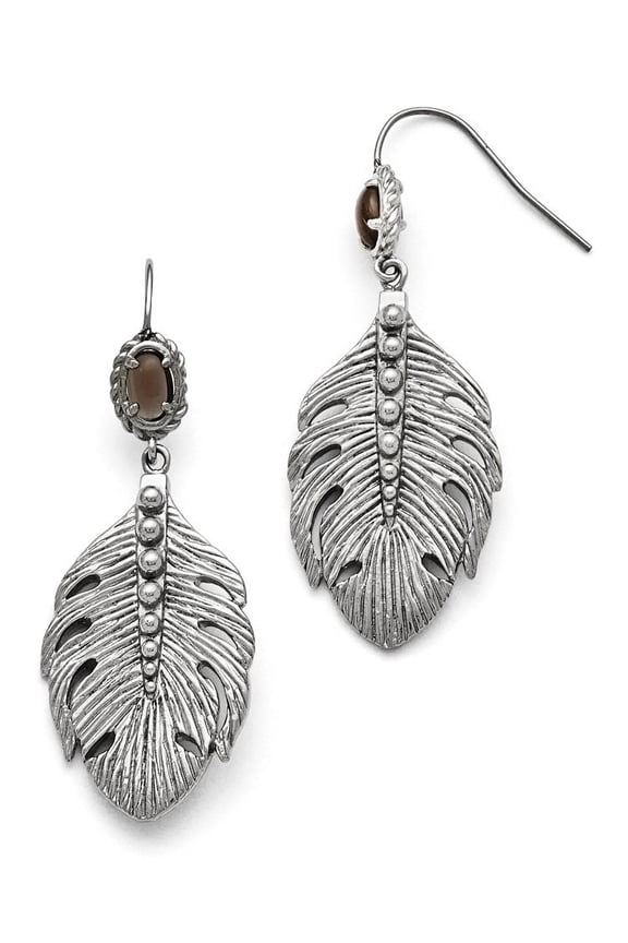 Stainless Steel Polished Smoky Quartz Feather Earrings