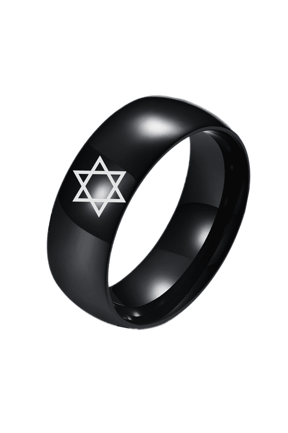 Stainless Steel Polished Star of Daivd Ring, Men's Black Magen David Star Finger Ring Religious Jewish Judaism Six-Pointed Star Wedding Band 8mm Width, Size 8