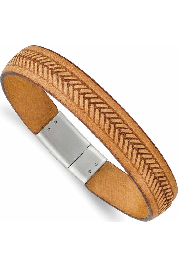 Stainless Steel Polished Tan Italian Leather 8.75In Bracelet (8.75 X 13) Made In China -Jewelry By Sweet Pea