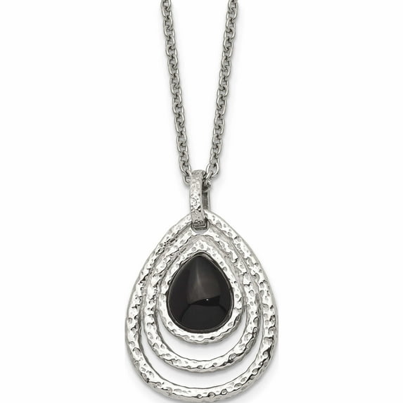 Stainless Steel Polished & Textured Black Onyx 18In With 2In Ext Necklace Made In China -Jewelry By Sweet Pea