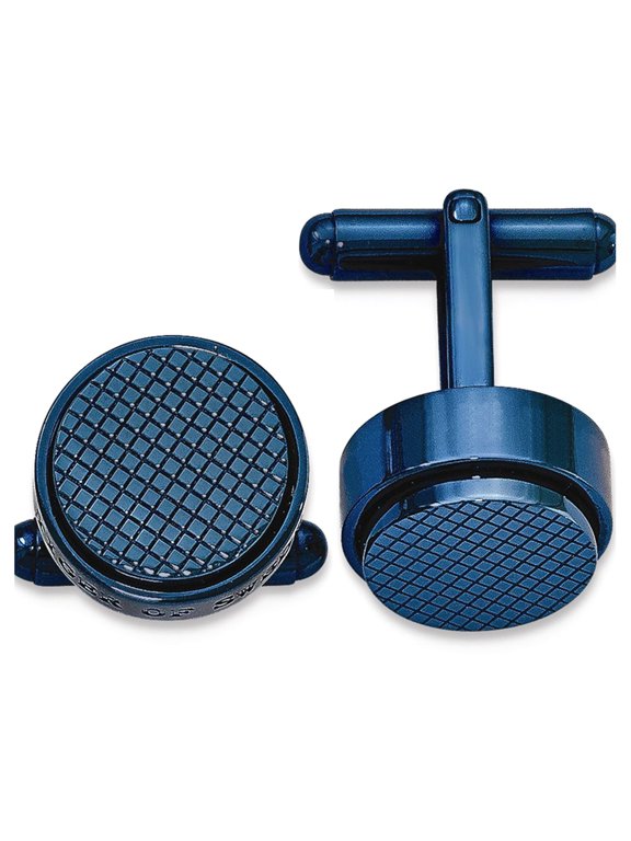 Stainless Steel Polished Textured Blue IP Plated Round Cuff Links