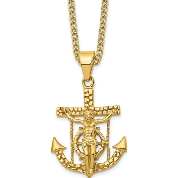 Stainless Steel Polished & Textured Yellow Ip Mariner's Cross 24In Necklace (24 X 31) Made In China srn2790-24