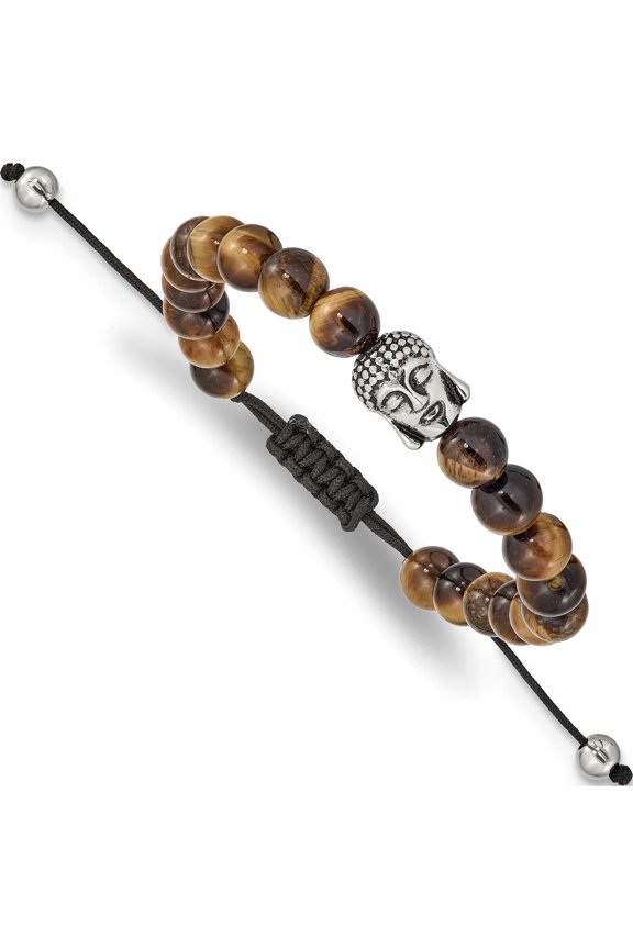 Stainless Steel Polished Tiger's Eye Buddha Adjustable Bracelet Made In China -Jewelry By Sweet Pea