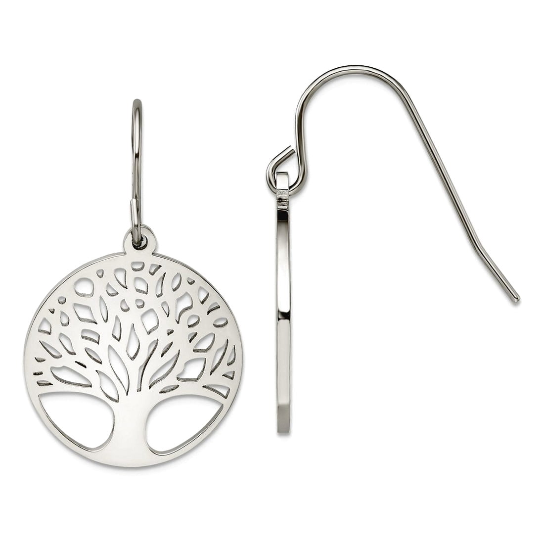 Stainless Steel Polished Tree Of Life Cut-out Shepherd Hook Earrings 32.98x19.84mm Wide Stud Earring for Women