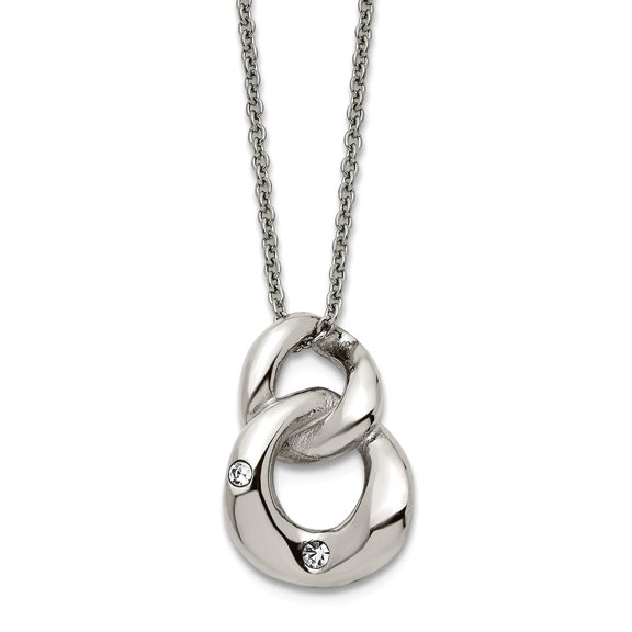 Stainless Steel Fancy Lobster Closure Polished Two Loop 2 Cubic Zirconia Necklace 18 Inch Pendant Necklace for Women