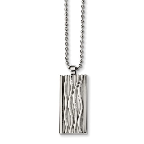 Stainless Steel Polished Wave Design Dog Tag Necklace - 22 Inch - Measures 18.68mm Wide