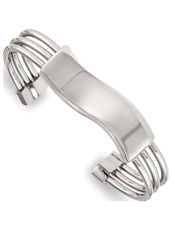 Stainless Steel Polished Waved ID Cuff Bangle