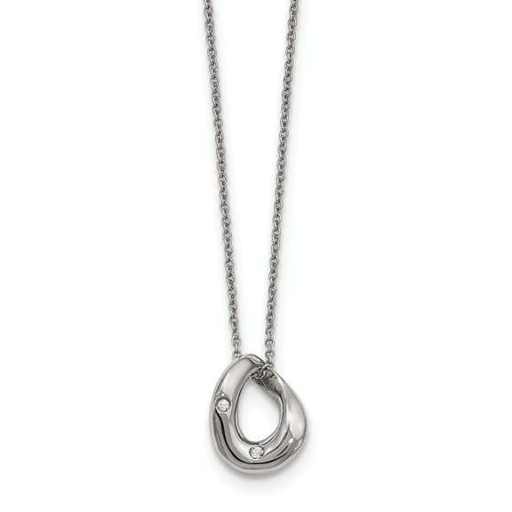 Stainless Steel Polished Wavy Circle 2 Crystal Necklace - 18 Inch