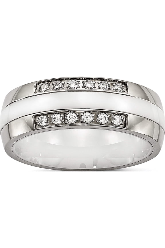 Stainless Steel Polished White Ceramic CZ Ring