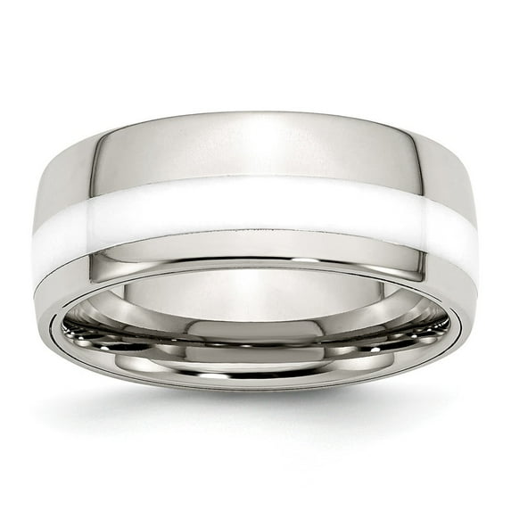 Stainless Steel Polished White Ceramic Inlay 9.00mm Band Ring - Size 12