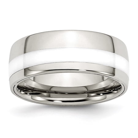 Finest Gold Stainless Steel Polished White Ceramic Inlay 9 mm Band - Size 7
