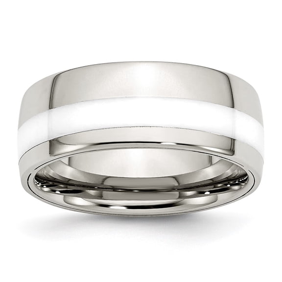 Finest Gold Stainless Steel Polished White Ceramic Inlay 9 mm Band - Size 8