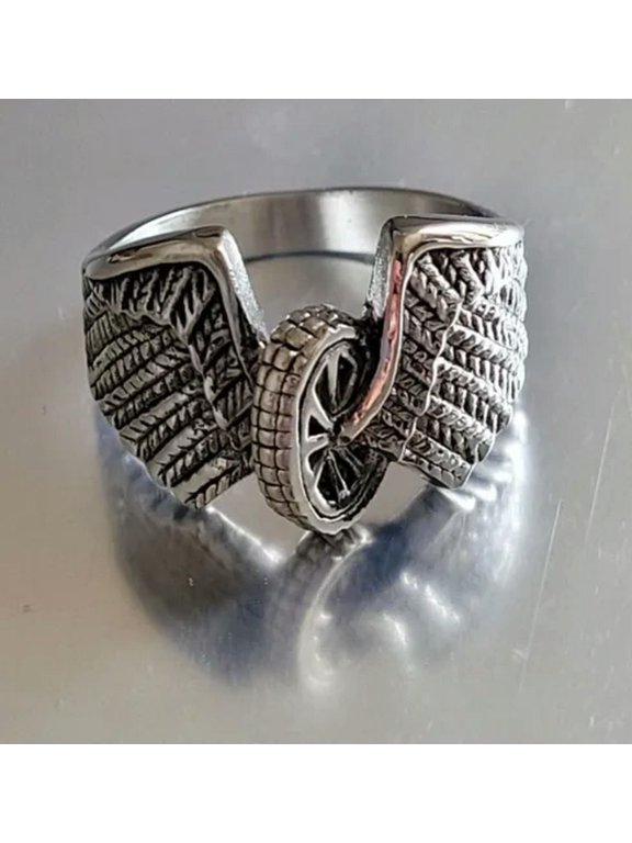 Stainless Steel Polished Winged Wheel Ring - Stainless Steel Biker Ring