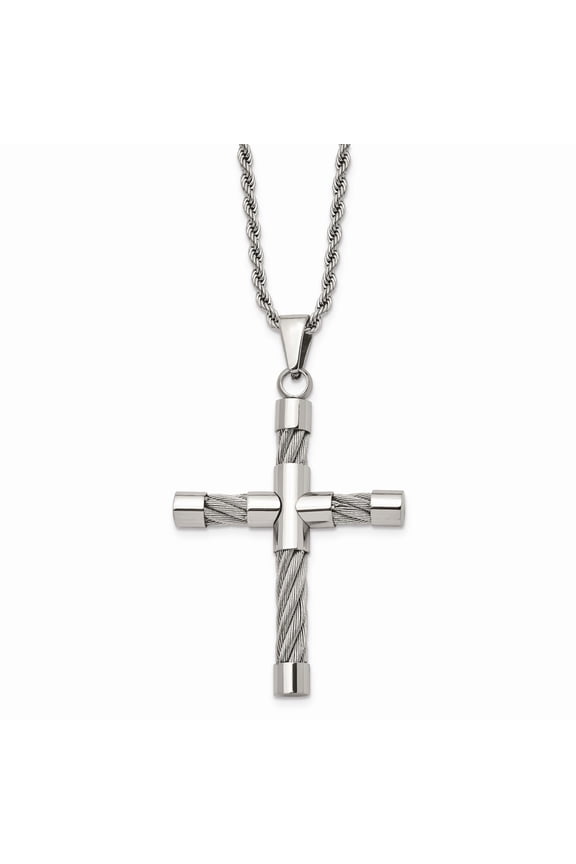 Stainless Steel Polished & Wire Cross Pendant Necklace; 22 inch; for Adults and Teens; for Women and Men