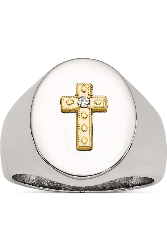 Stainless Steel Polished With 10K Gold Cross And .02Ct Diamond Ring (Size 11) Made In China sr294-11