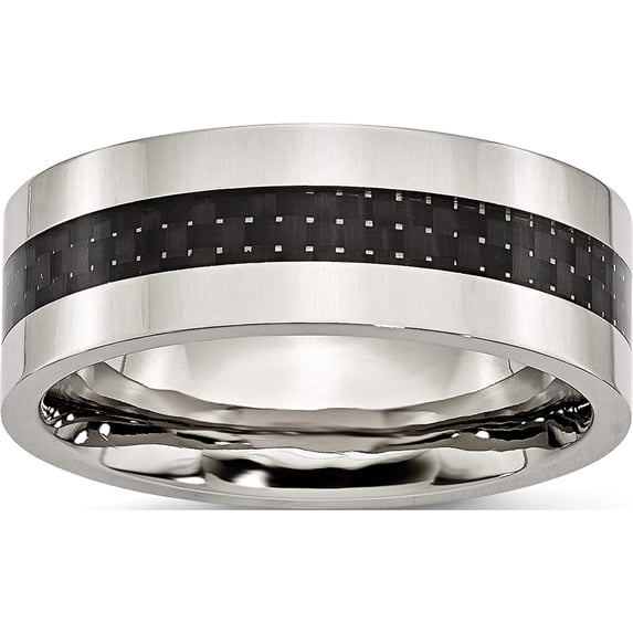 Stainless Steel Polished With Black Carbon Fiber Inlay 8mm Flat Band (Size 9) Made In China sr123-9